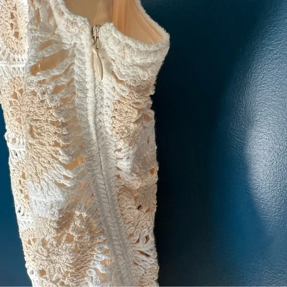 Zara Medium White and Tan Crochet Mini Summer | Boho Dress - Picture 7 of 9